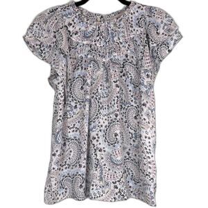 LOFT Paisley Ruffle Sleeve Blouse XS Boho Keyhole Neck Lightweight Top